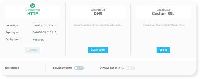 Generate your free SSL via either HTTP or DNS